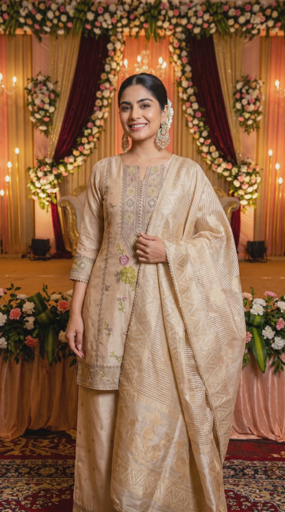 Women's golden shimmer silk kurta set with banarasi dupatta in L