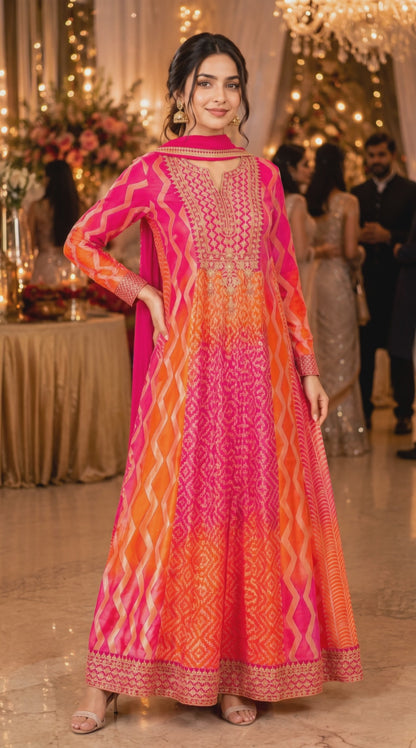 Women's Pleated Chinon A-Line Flared Dress with Dupatta