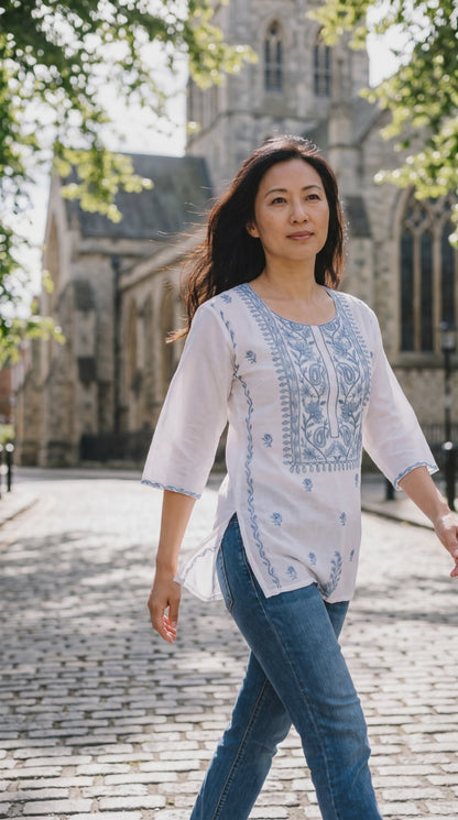 Women's white Linen Blouse with Blue embroidery