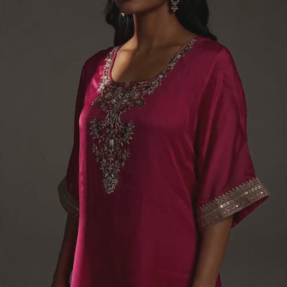 Women's Pink Asymmetrical Chinon Embroidered Top in XL
