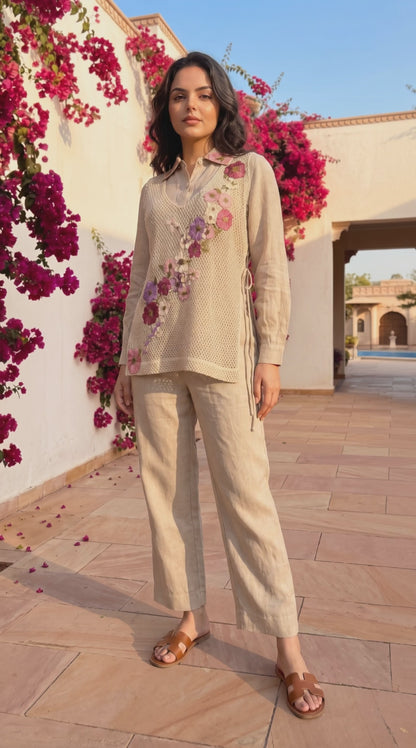 Women's Jute co-ord set with crochet jacket and applique flowers in L