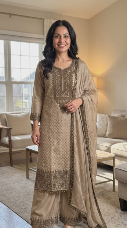 Women's Elegant Shimmer Gold Embroidered Pakistani Palazzo Set in XL