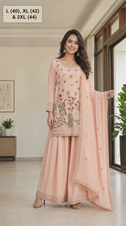 Women's Embroidered chinon palazzo sets in pastel shades (L, XL, 2XL)