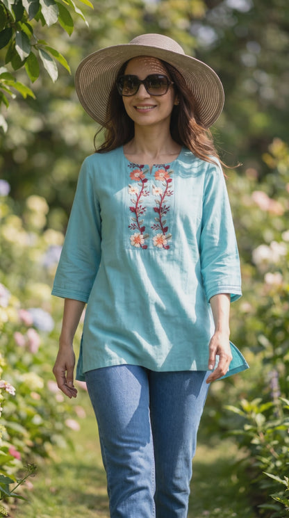 Women’s cyan mul cotton top with neck embroidery in L