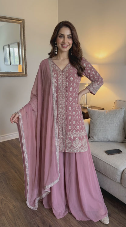 Women's Dusty Rose Georgette Embroidered Palazzo Set in XS & M