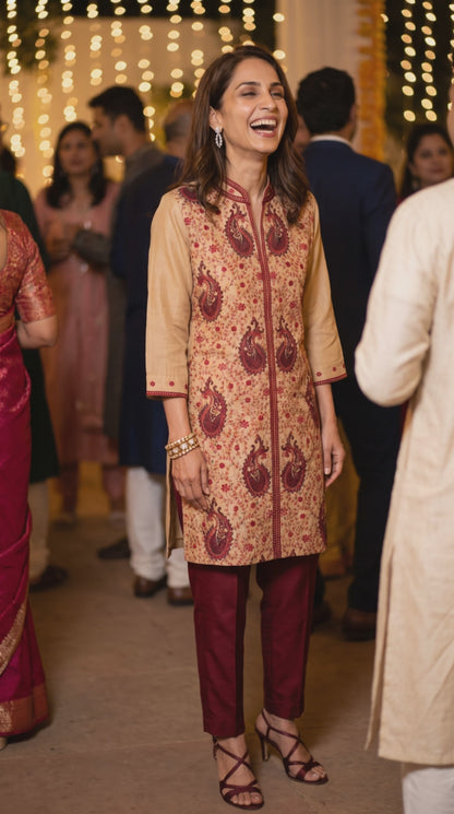 Women's Beige Chanderi Silk Embroidered Tunic in M