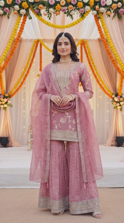 Women's rose pink embroidered kurta sharara set with organza dupatta in M