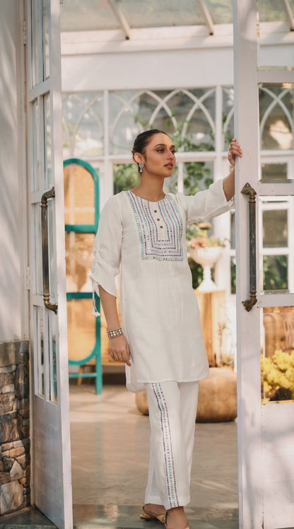 Women's off-white co-ord set with faux mirror work in M