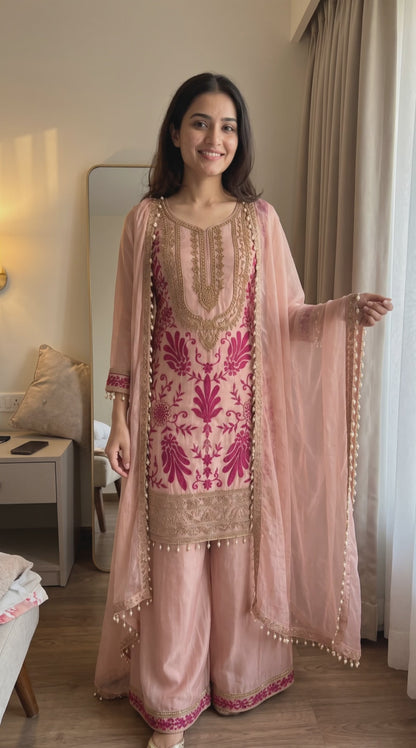 Women's Shimmer Silk Apple Cut Kurta Palazzo Set in L