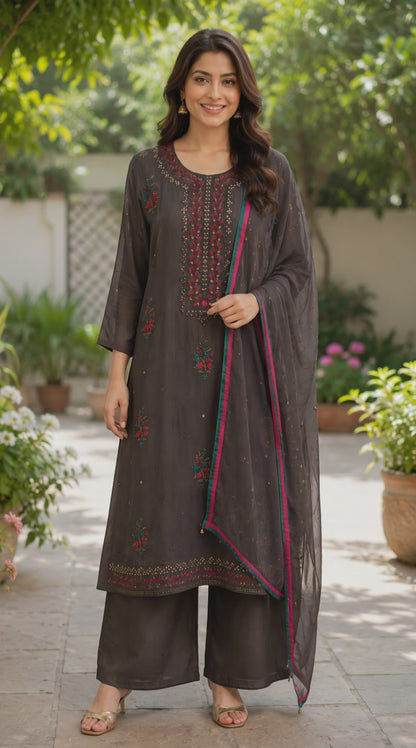 Women’s Brown Chinnon kurta set with thread embroidery in L