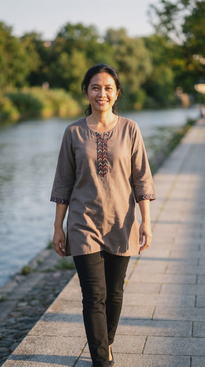 Women's Brown Cotton Top with Lace Detail Neckline & Sleeves in M
