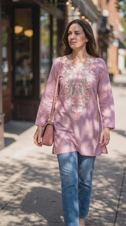 Women's Rose pink with floral thread embroidery on neck in M