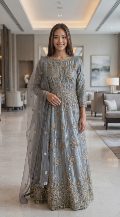 Women’s steel grey formal gown with golden embroidery and sequins in XXS