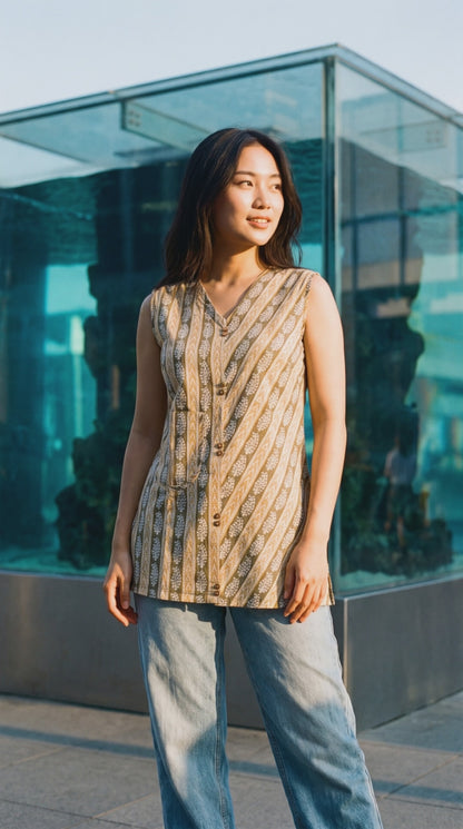 Women's sleeveless block printed cotton blouse in XS