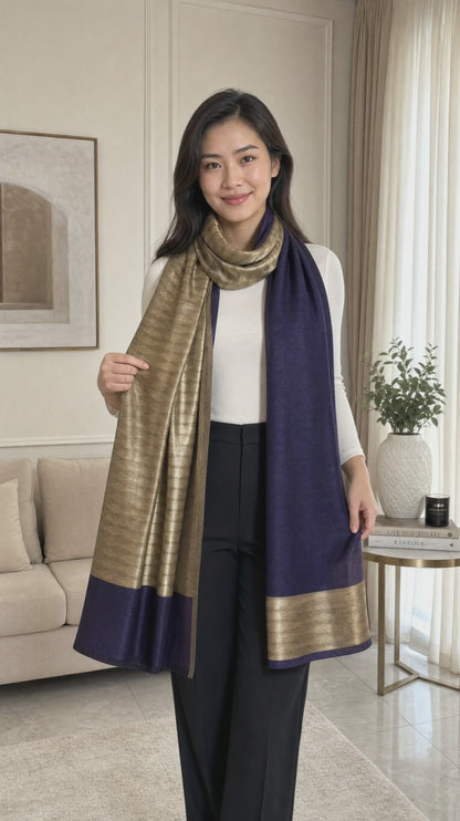 Women's zari shimmer reversible ikkat shawl - Navy with Gold