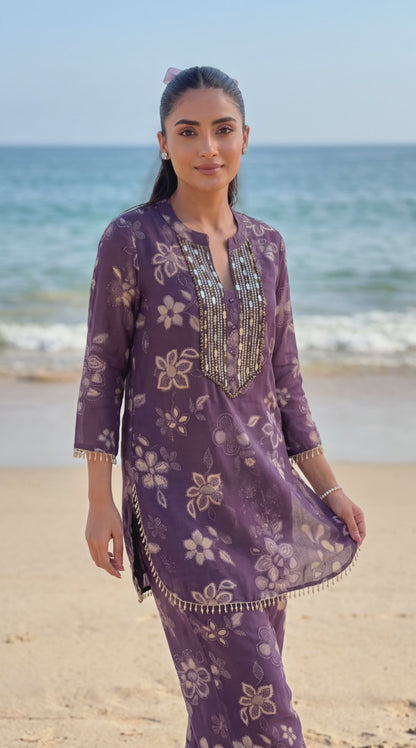 Women's navy blue co-ord set with mirror embroidery & tassel detailing in M