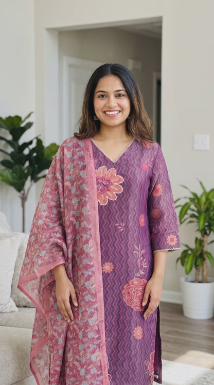 Women's shimmer silk purple kurta set in L