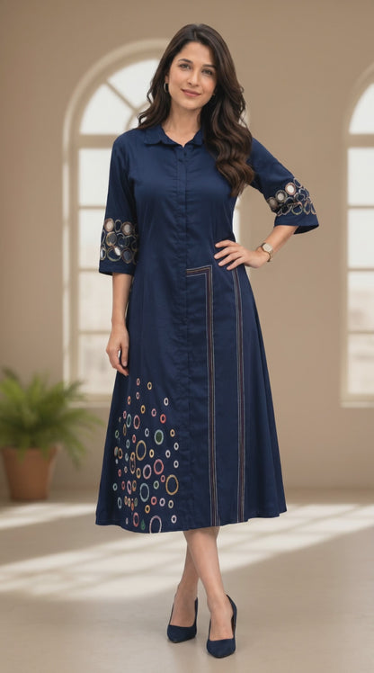 Women's Cotton Silk Aline dress with cutwork sleeves and embroidery in M, XL, 2XL