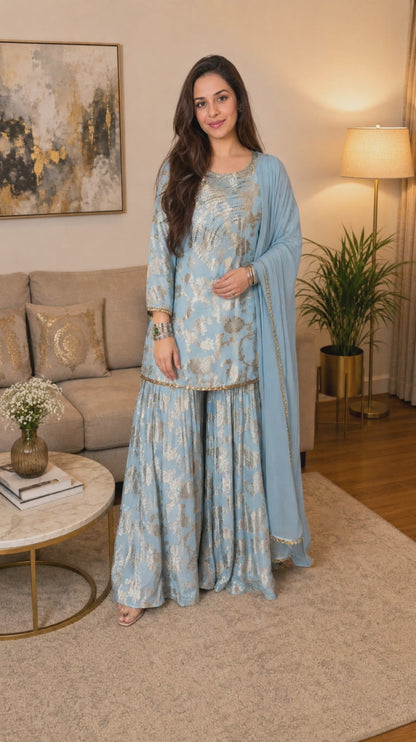 Women's sky blue chinon sharara set with sequins neck highlights in L & XL