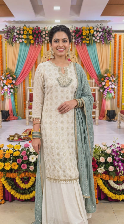Women's Ivory Georgette Kurta Set with Pearl neck line in M