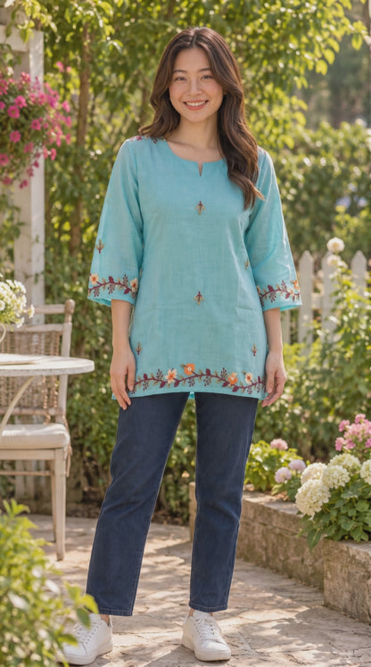 Women's Cyan Cotton Floral Embroidered Top in S