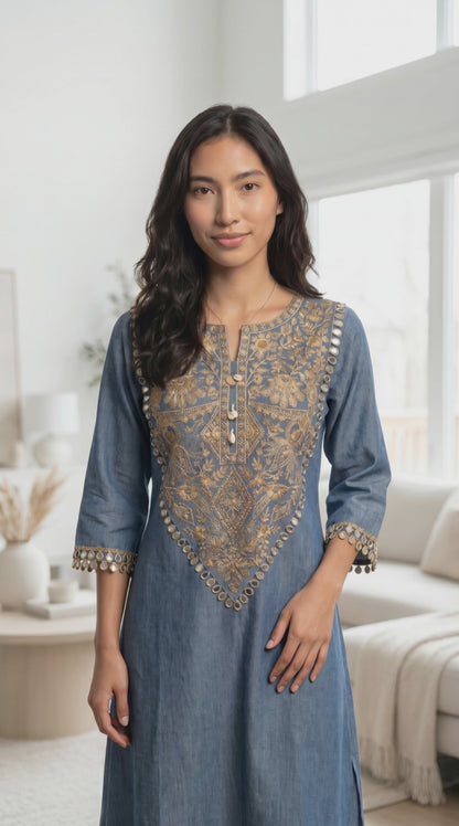 Women's Denim like cotton A-line Embroidered dress in S, M, L & 2XL
