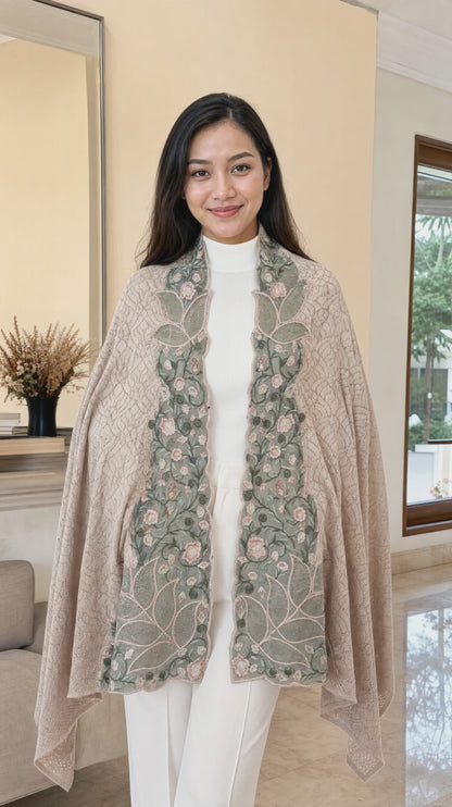 Women’s knitted cape style shawl with embroidered net appliqué & Swarovski accents