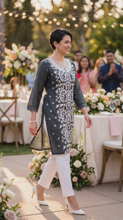 Women's dark grey chanderi silk tunic with bold white embroidery in L