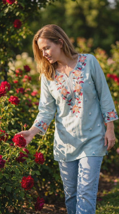 Women's light blue color blouse in muslin silk in XL
