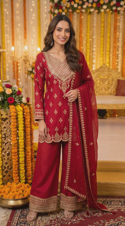 Women's festive red shimmer silk kurta set with embroidery (S to 2XL)