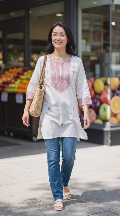 Women's Off-white with pastel thread embroidery around neck in L