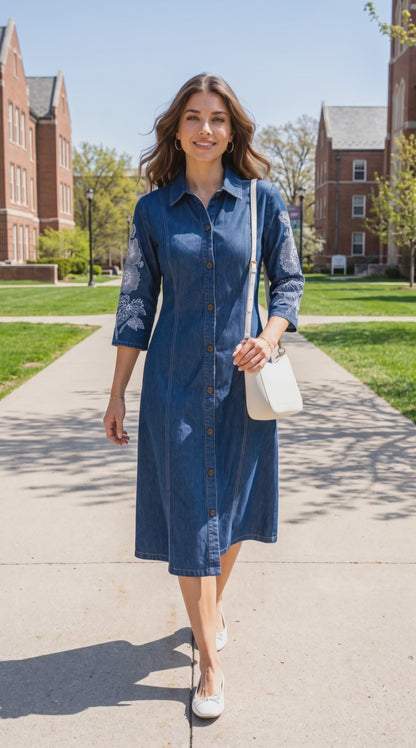 Women's Glazed Denim A-Line Embroidered Dress (M, L, 2XL)