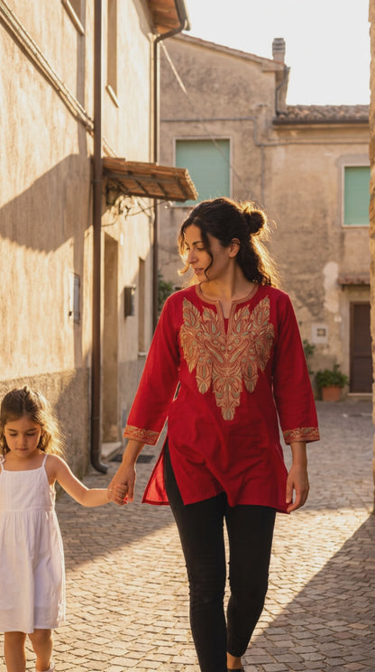 Women's Red cotton top with Tilla work in S
