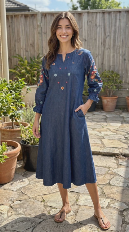 Women's Denim Aline dress with multicolor floral embroidery (S, 3XL to 5XL)