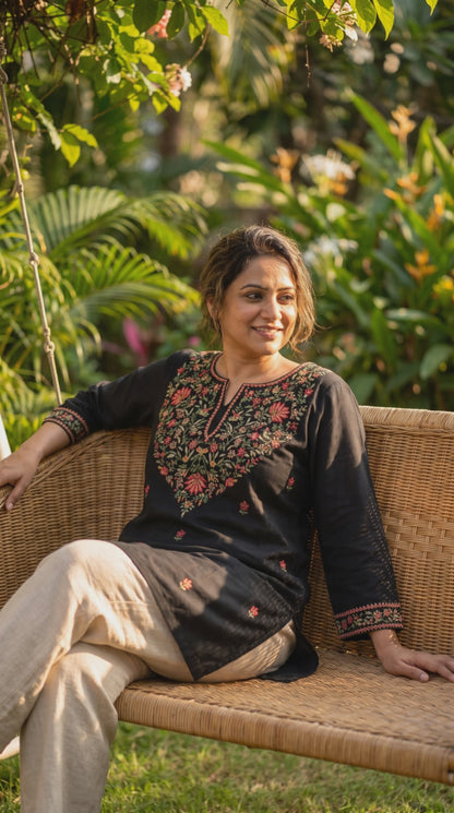 Women's Black muslin silk with full neck embroidery in M