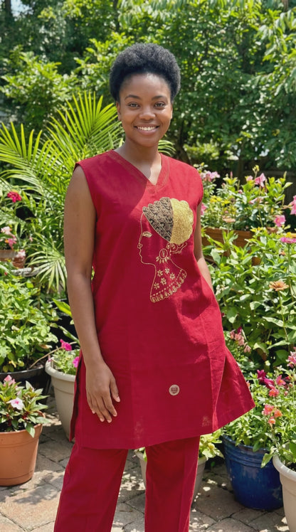 Women's embroidered African Queen Tunic Set – 2-Piece (Red)
