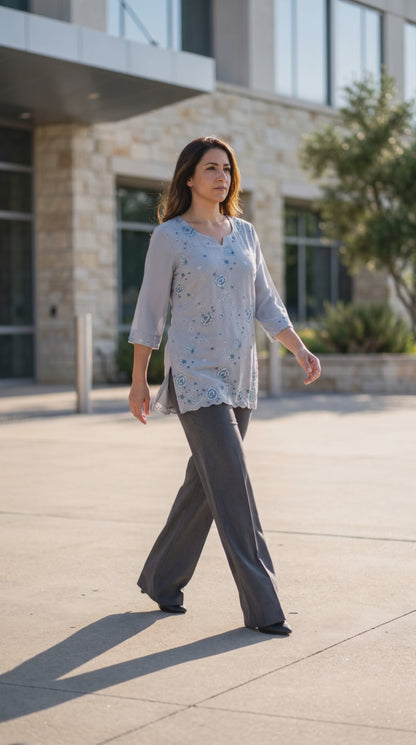 Women's Steel grey crepe top with floral embroidery in M