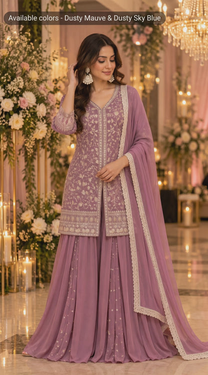 Women's Georgette Embroidered Kurta with Box Pleated Palazzo Set in L