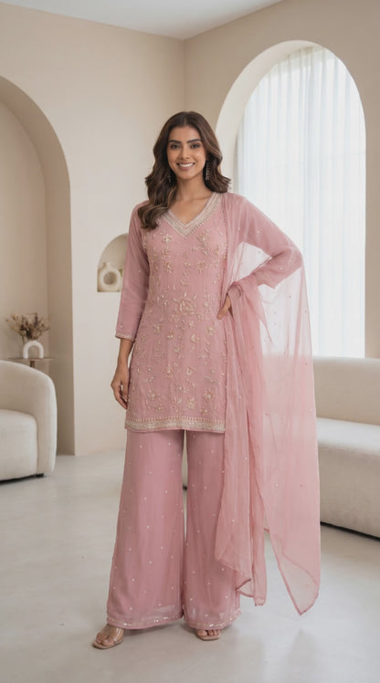 Women's Pink pure georgette pallazo set in L & XL