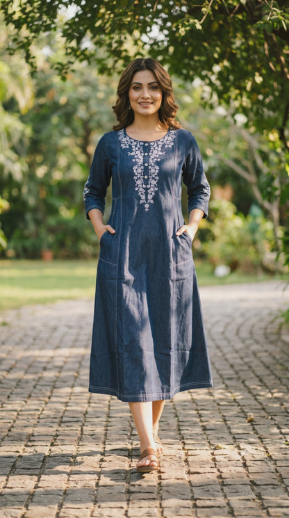 Women's Denim Aline dress with embroidery on neckline & sleeves in M