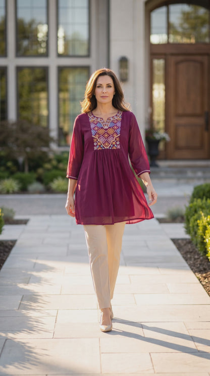 Women's wine color georgette blouse in L