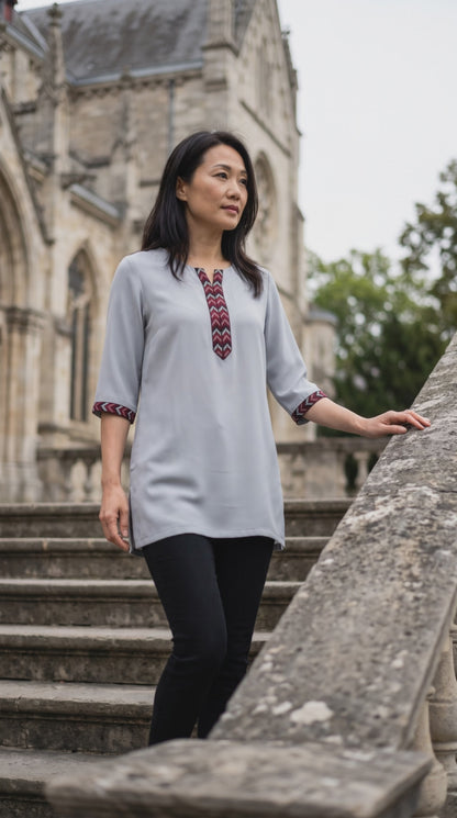 Women's Grey crepe top with lace on neckline in S