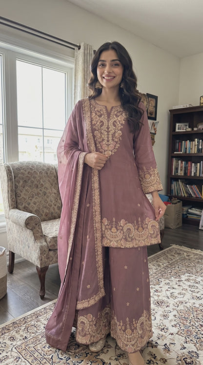 Women's Mauve Chinon Kurta Palazzo Set in M