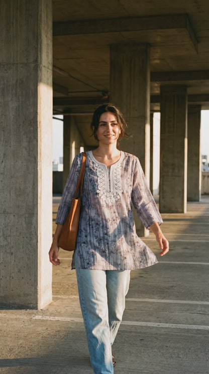 Women's steel grey linen cotton top with neck embroidery in L