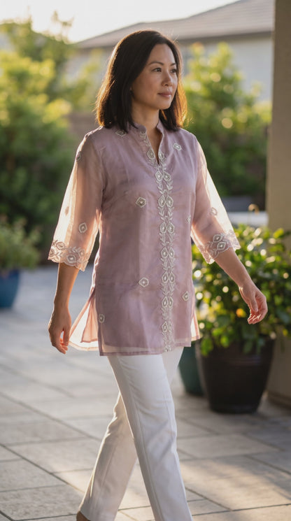 Women’s Mauve Embroidered Organza Top in XL