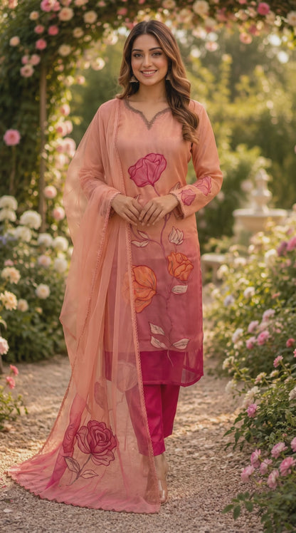 Women’s Dual Shade Shimmer Silk Kurta Set with Appliqué Work in S, M & L