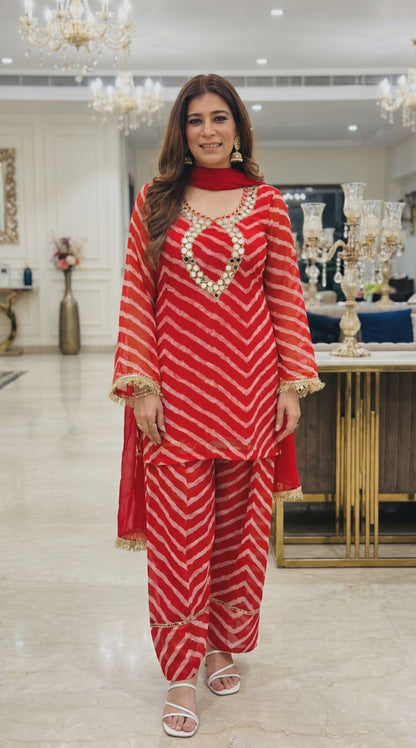 Women's Red Leheriya printed georgette Farsi salwar set