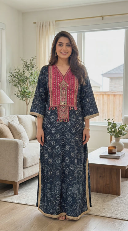 Women's Navy Crepe A-line dress with neck embroidery in S, L, 2L & 3XL
