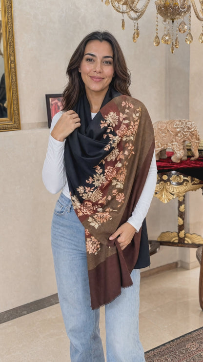 Women's pashmina stole with nalki embroidery black & brown
