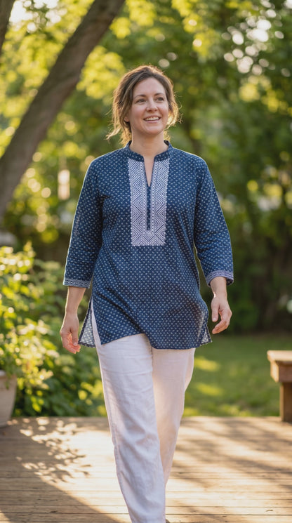 Women's navy blue cotton blouse with cross-stitch embroidery in 2XL